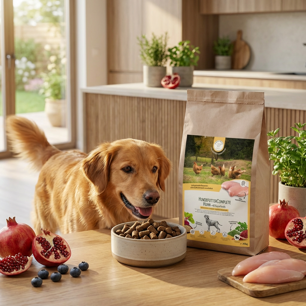 Hund vor einem Napf mit GREEN PAWLY Trockenfutter