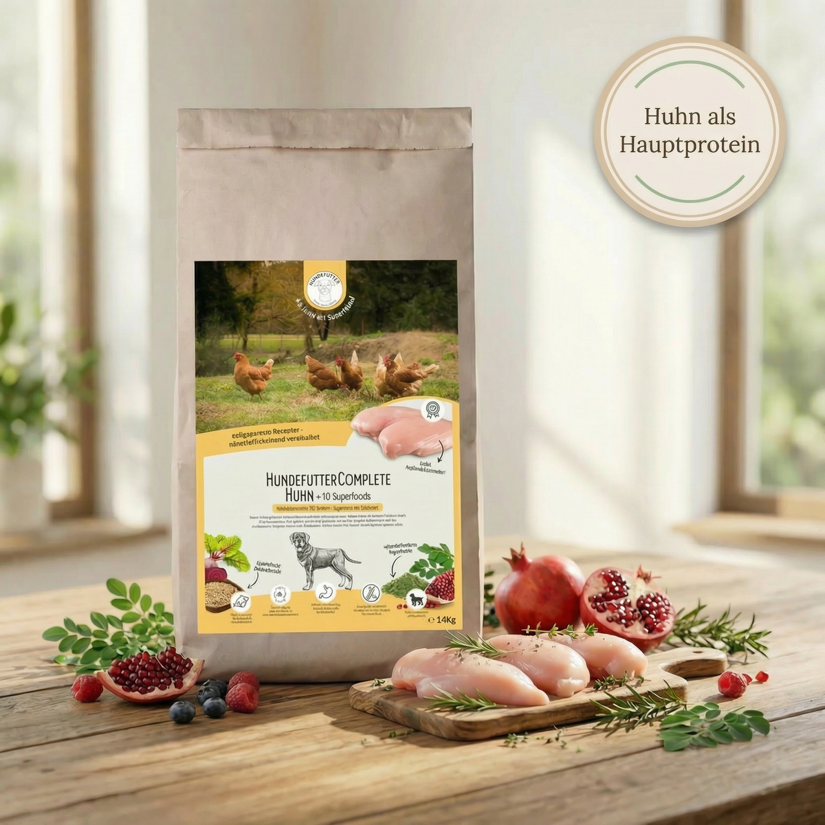 GREEN PAWLY Complete Huhn – kaltgepresstes Hundefutter im Sack, mit Zutaten auf dem Holztisch