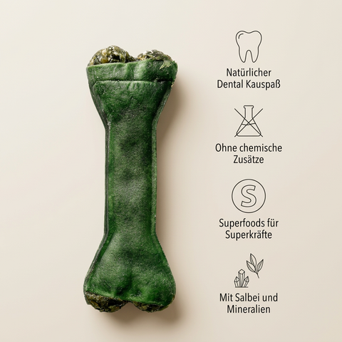 DENTAL KRÄUTERKNOCHEN – Zahnpflege Kauknochen für Hunde mit Salbei, Spirulina & Rinderhaut – ohne Chemie & Gluten – GREEN PAWLY®