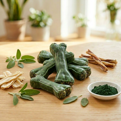 DENTAL KRÄUTERKNOCHEN – Zahnpflege Kauknochen für Hunde mit Salbei, Spirulina & Rinderhaut – ohne Chemie & Gluten – GREEN PAWLY®